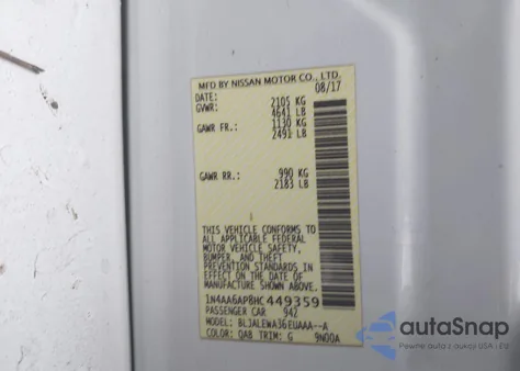 2017 Nissan Maxima 3.5 Sl из США, поврежденный, VIN 1N4AA6AP8HC449359